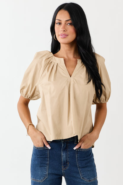 Beige Pleated Half Puff Sleeve Cotton Top