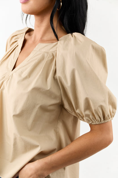Beige Pleated Half Puff Sleeve Cotton Top