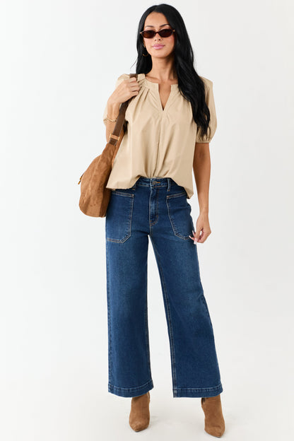 Beige Pleated Half Puff Sleeve Cotton Top