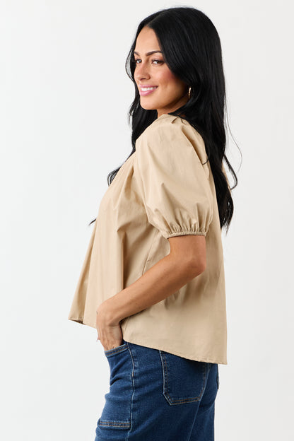 Beige Pleated Half Puff Sleeve Cotton Top