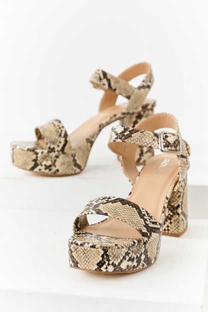 Beige Faux Snakeskin Ankle Strap Platform Heels