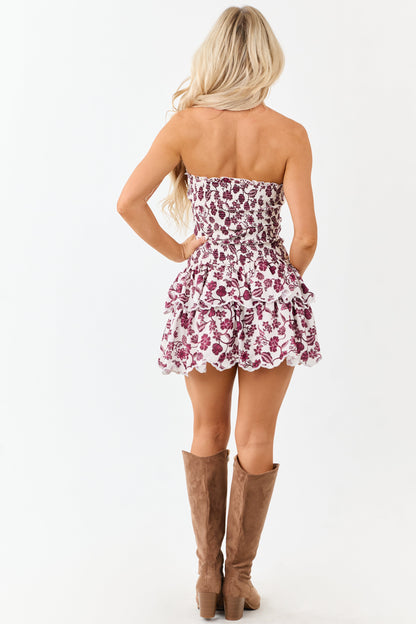 Berry Floral Print Strapless Smocked Mini Dress