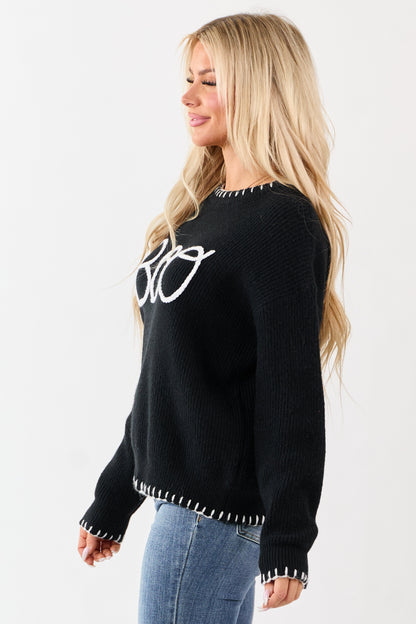 Black 'Boo' Embroidered Long Sleeve Sweater