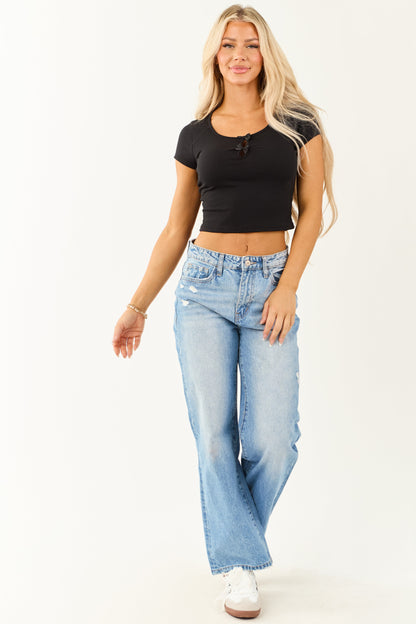Black Bow Keyhole Short Sleeve Cropped Top