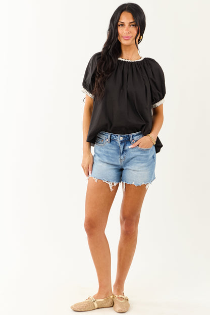 Black Contrast Embroidered Cotton Short Sleeve Top