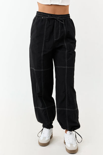 Black Contrast Stitch Wide Leg Drawstring Pants