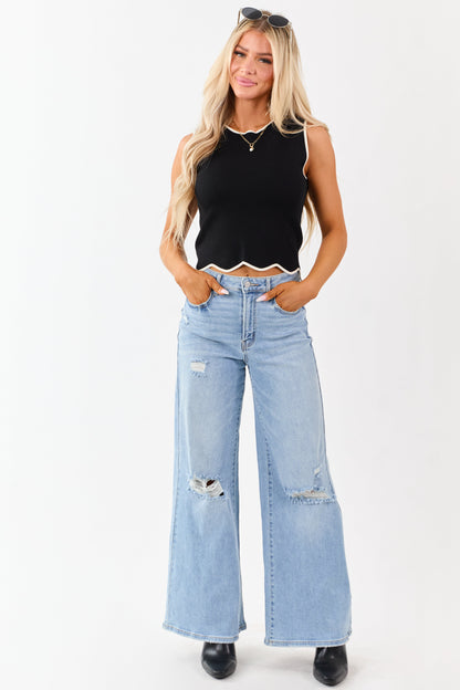 Black Contrast Trim Scalloped Hem Knit Tank Top