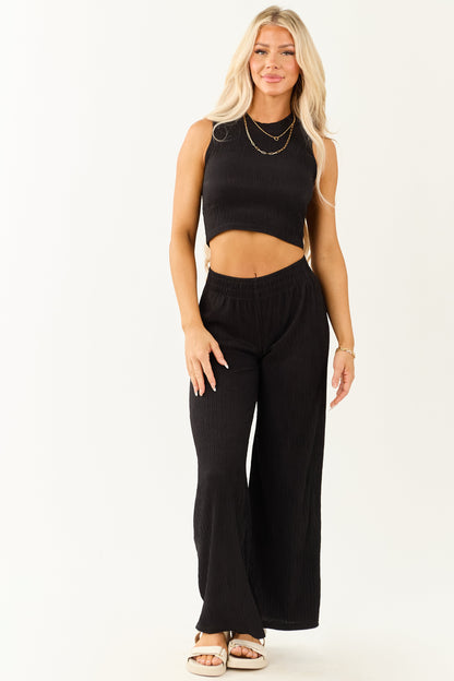 Black Crinkled Sleeveless Crop Top and Pants Set