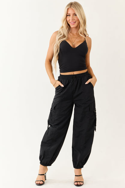 Black Drawstring Waistband Cargo Jogger Pants