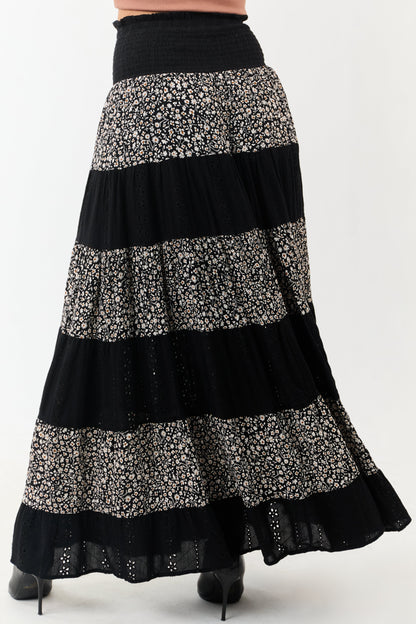 Black Eyelet Lace and Floral Print Tiered Maxi Skirt