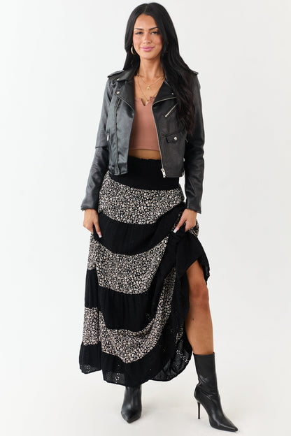 Black Eyelet Lace and Floral Print Tiered Maxi Skirt