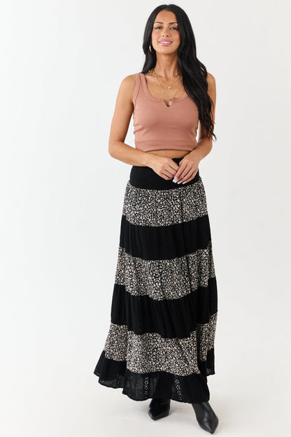 Black Eyelet Lace and Floral Print Tiered Maxi Skirt
