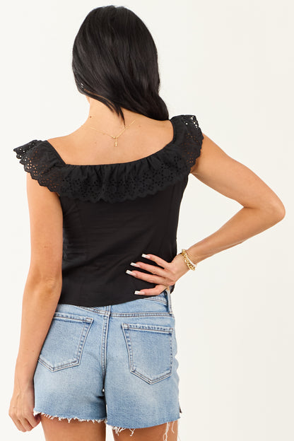 Black Eyelet Yoke Off Shoulder Buttoned Cotton Blouse