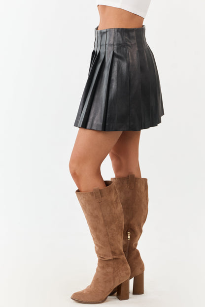 Black Faux Leather Pleated Mini Skort