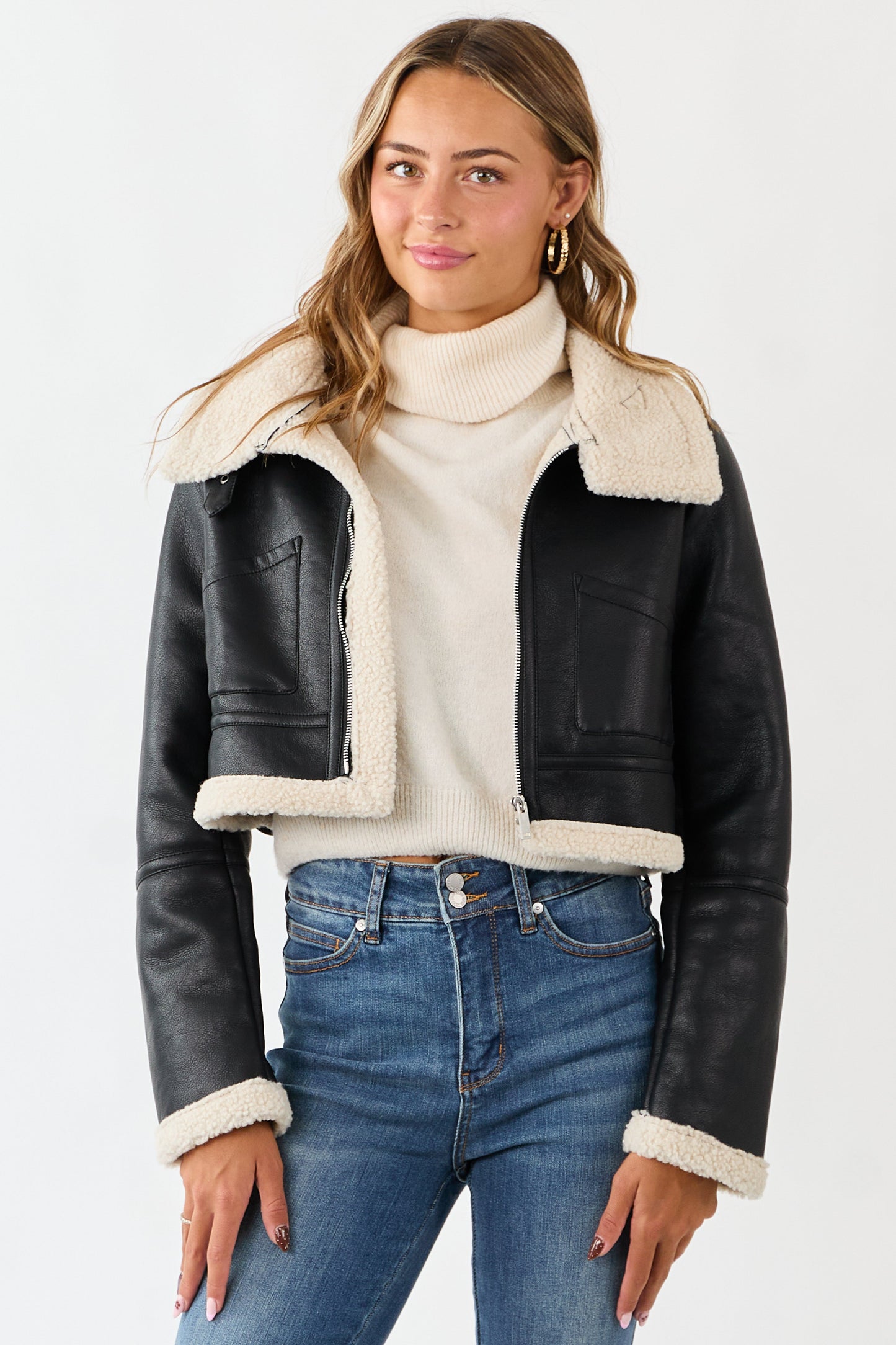 Black Faux Leather Sherpa Lined Jacket