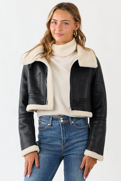 Black Faux Leather Sherpa Lined Jacket