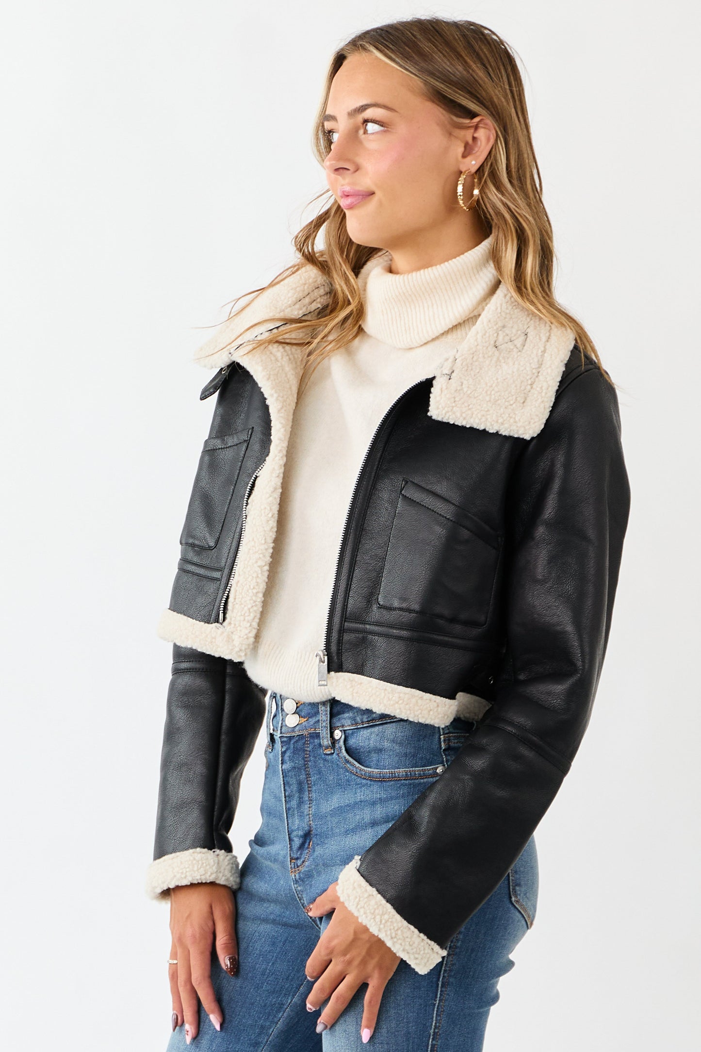 Black Faux Leather Sherpa Lined Jacket
