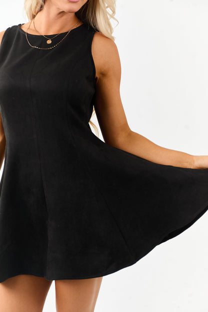 Black Faux Suede Round Neck Sleeveless Mini Dress