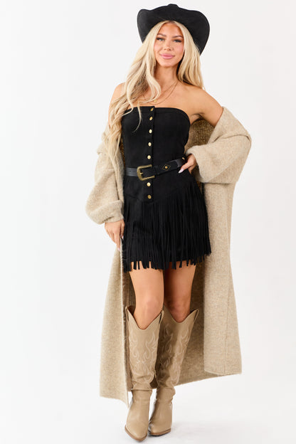 Black Faux Suede Strapless Fringe Mini Dress