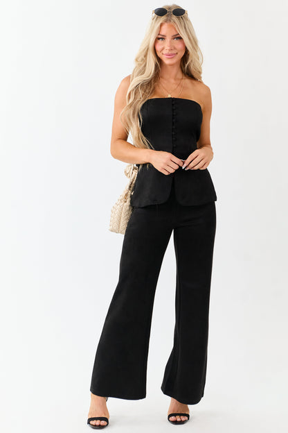 Black Faux Suede Strapless Top and Wide Leg Pant Set