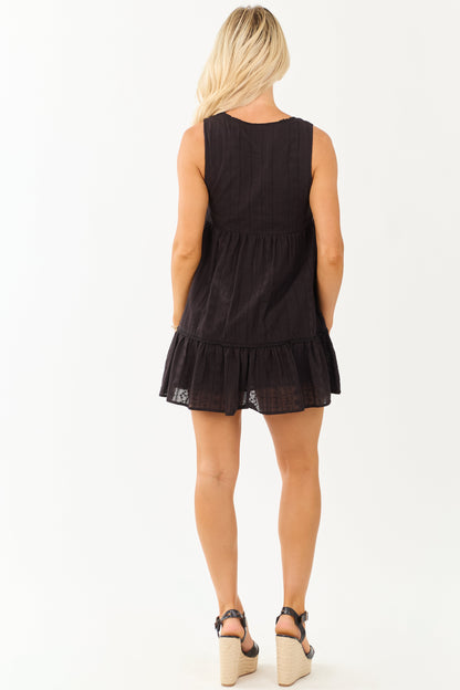 Black Floral Embroidery Button Up Cotton Mini Dress