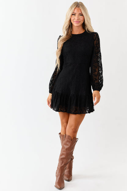 Black Floral Lace Long Sleeve Ruffle Hem Mini Dress