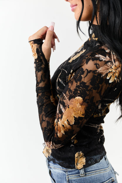 Black Floral Print Lace Mesh Long Sleeve Top