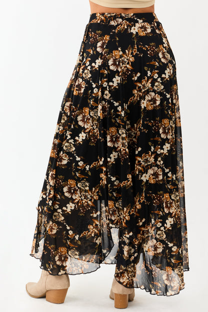 Black Floral Print Mesh Handkerchief Hem Maxi Skirt