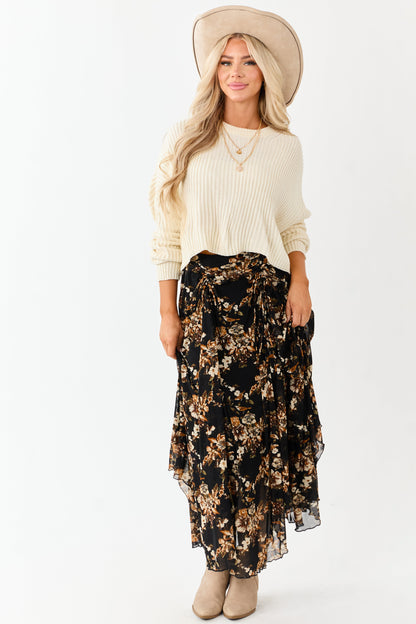 Black Floral Print Mesh Handkerchief Hem Maxi Skirt