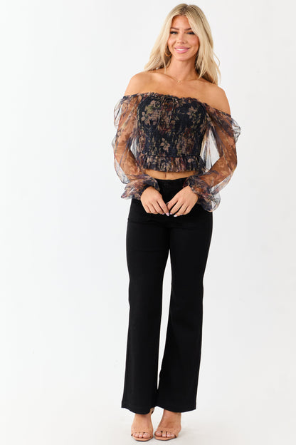 Black Floral Print Ruffle Smocked Tulle Crop Top