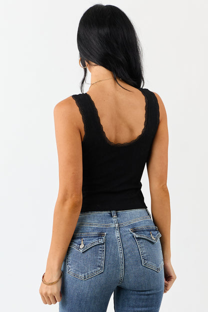 Black Lace Trim Cropped Rib Knit Tank Top