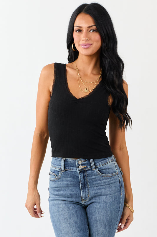 Black Lace Trim Cropped Rib Knit Tank Top