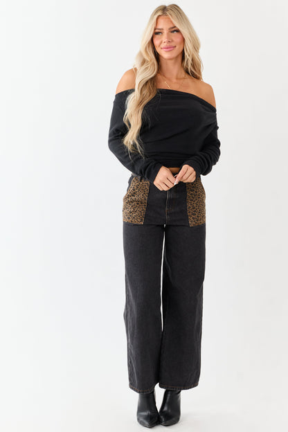 Black Leopard Print Paneling Wide Leg High Rise Jeans