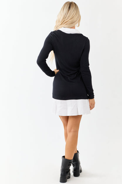 Black Long Sleeve Knit Contrast Layer Short Dress