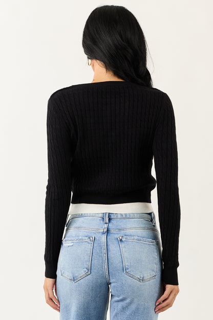 Black Long Sleeve Layered Cable Knit Sweater Top