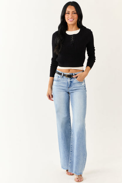 Black Long Sleeve Layered Cable Knit Sweater Top