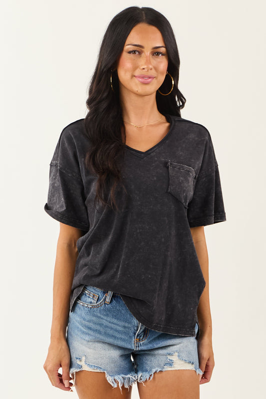Black Mineral Washed V Neck Cotton Short Sleeve Top