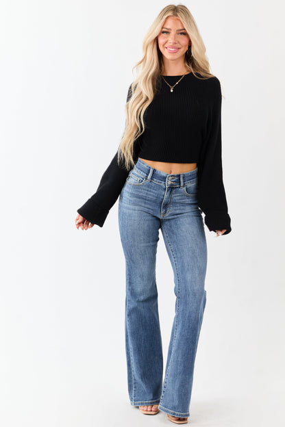 Black Mock Neck Back Cut Out Ribbed Sweater