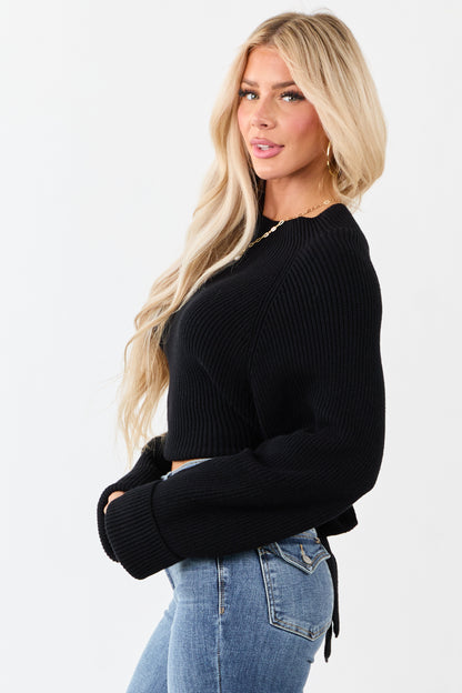 Black Mock Neck Back Cut Out Ribbed Sweater