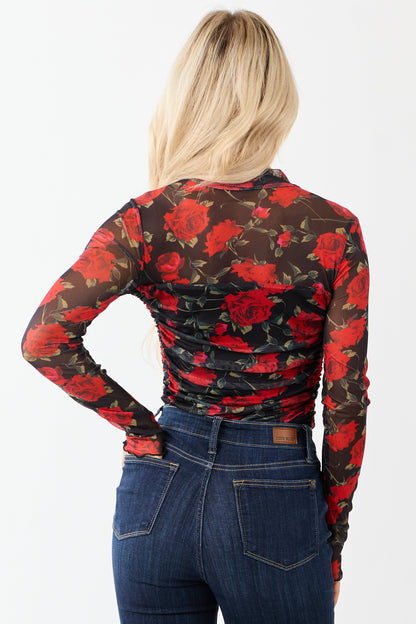 Black Rose Print Mesh Ruched Mock Neck Bodysuit