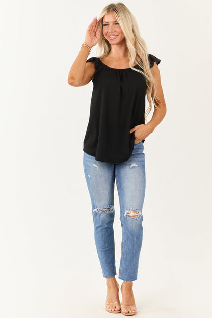 Black Round Neck Ruffle Cap Sleeve Top