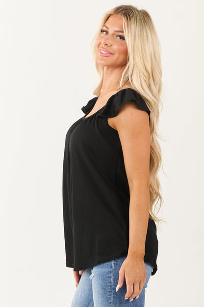 Black Round Neck Ruffle Cap Sleeve Top
