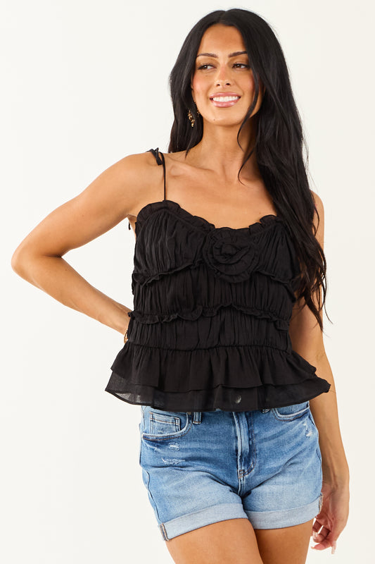 Black Ruffle Floral Detail Sleeveless Tank Top