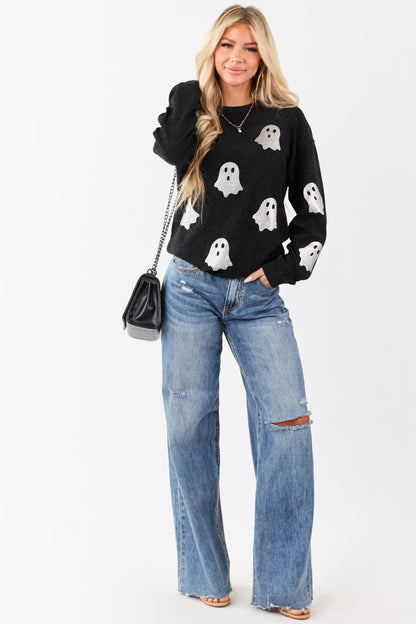 Black Sparkly Ghost Graphic Rib Knit Sweatshirt