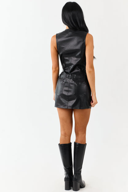 Black Textured Faux Leather Button Down Mini Dress
