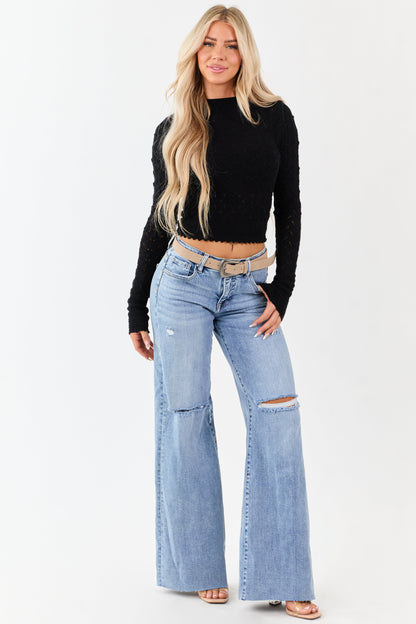 Black Textured Pointelle Knit Sweater