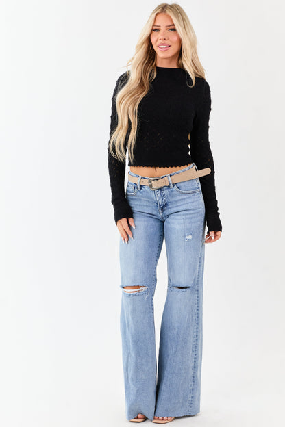 Black Textured Pointelle Knit Sweater