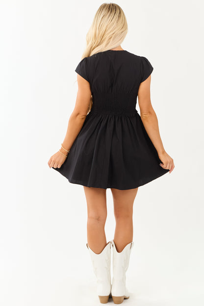 Black V Neck Pleated Front Tie Cotton Mini Dress
