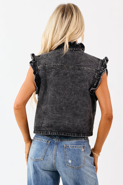 Black Washed Denim Button Up Ruffle Trim Vest