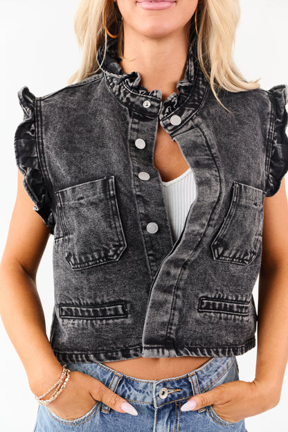 Black Washed Denim Button Up Ruffle Trim Vest